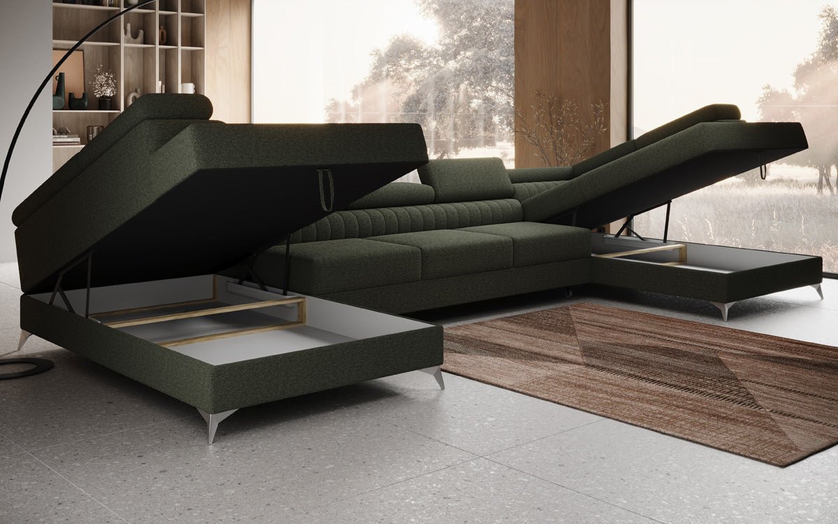 Designer Sofa Aurea U XXL mit Schlaf- und Klappfunktion in Bouclé