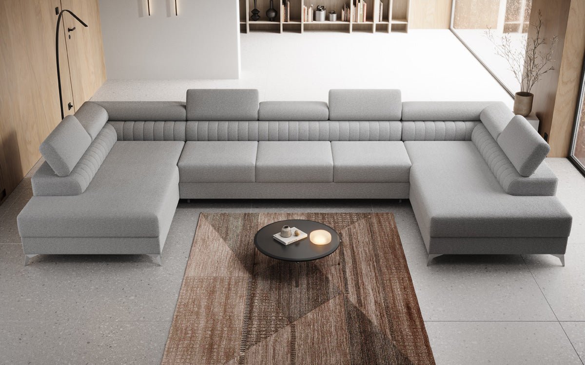 Designer Sofa Aurea U XXL mit Schlaf- und Klappfunktion in Bouclé