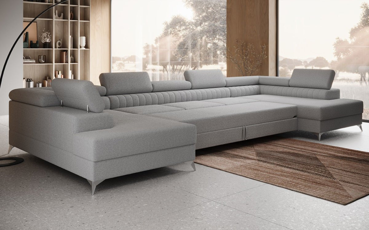 Designer Sofa Aurea U XXL mit Schlaf- und Klappfunktion in Bouclé