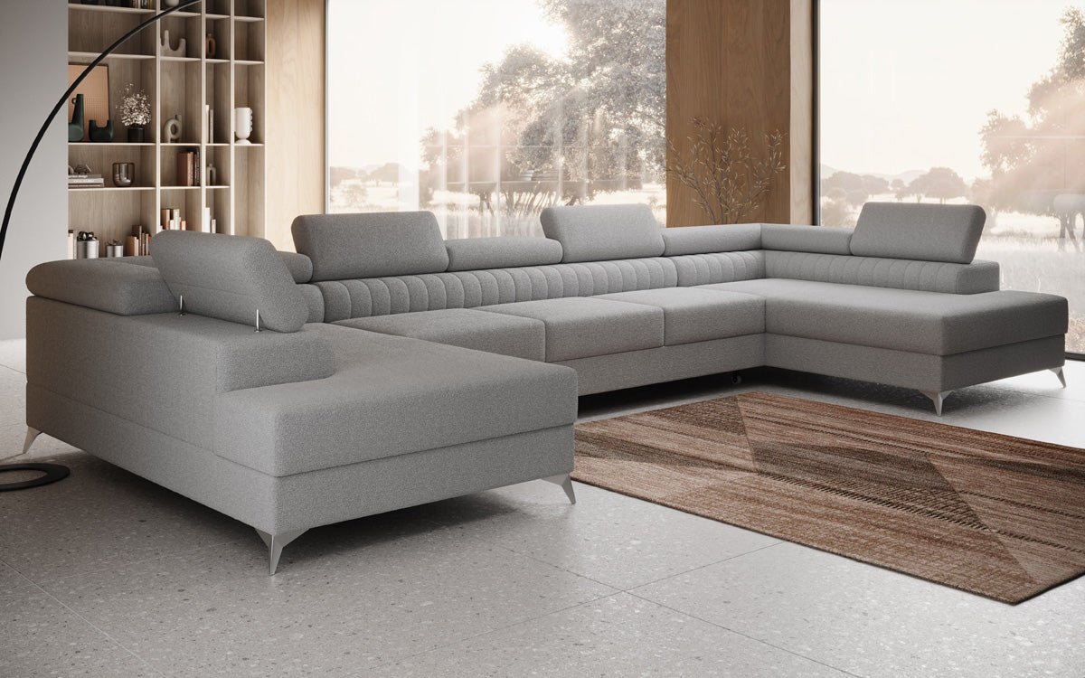 Designer Sofa Aurea U XXL mit Schlaf- und Klappfunktion in Bouclé