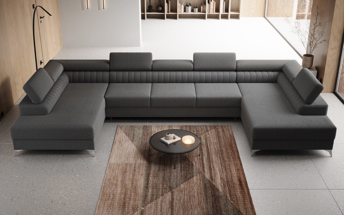 Designer Sofa Aurea U XXL mit Schlaf- und Klappfunktion in Bouclé