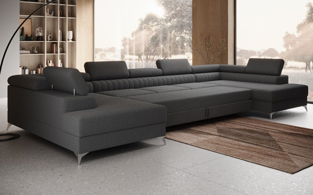 Designer Sofa Aurea U XXL mit Schlaf- und Klappfunktion in Bouclé