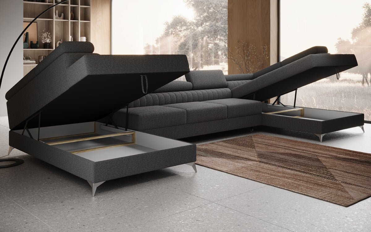 Designer Sofa Aurea U XXL mit Schlaf- und Klappfunktion in Bouclé