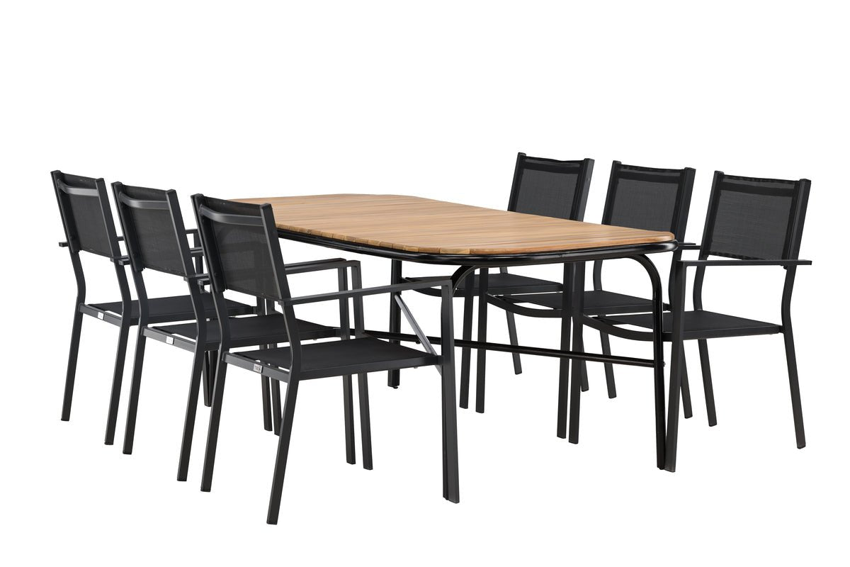 Garten Essgruppe Mirabell – 7-teiliges Gartenmöbel-Set mit Tisch aus Akazie und schwarzen Stühlen