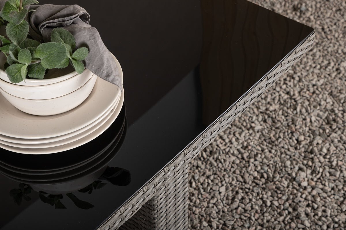 Garten Esstisch Valerio - 200x100 cm aus grauem Rattan mit Glasplatte