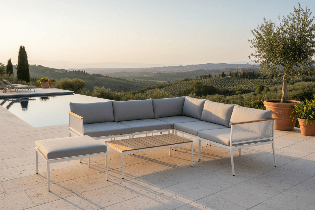 Garten Loungeset Luana – in Weiß & Schwarz mit Teak-Tisch & Polstern