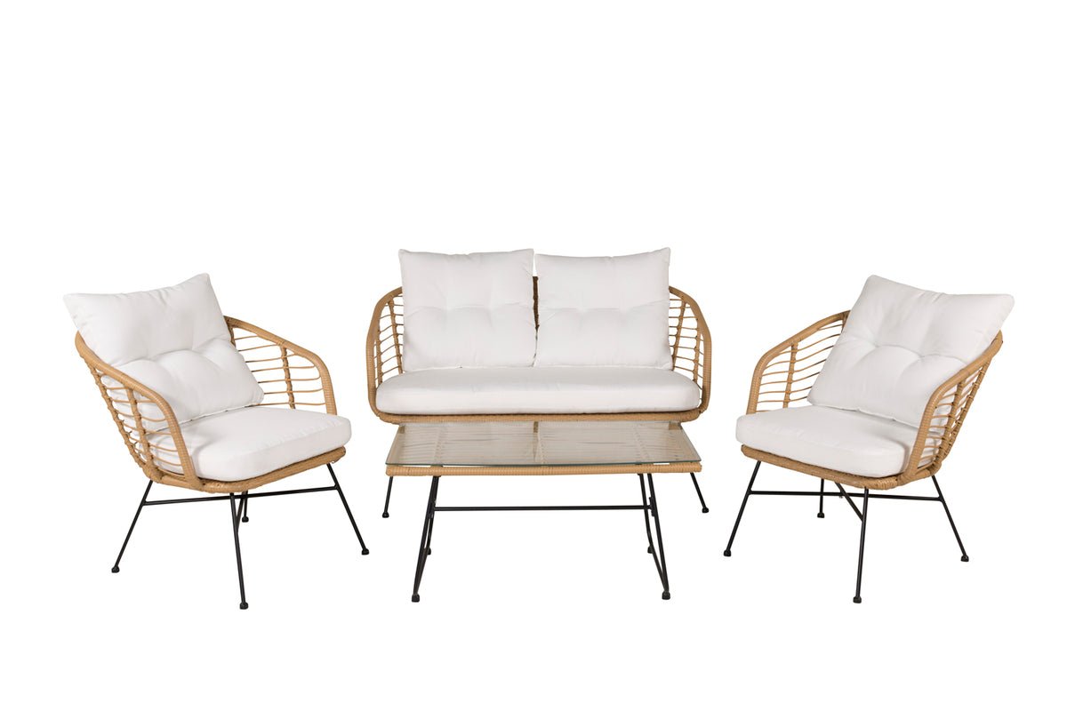 Garten Loungeset Raina – 4-teiliges Set mit Glasplatte & Kissen