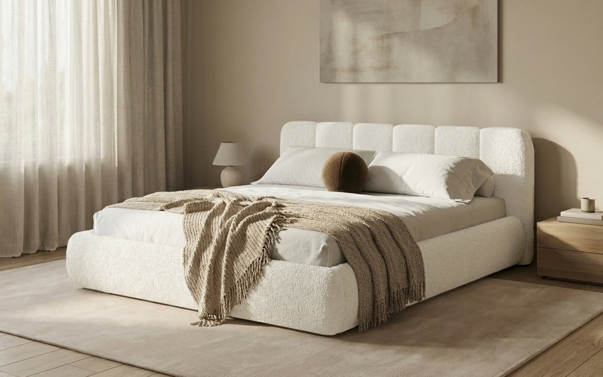 Designer Polsterbett Avelo in Bouclé mit Stauraum