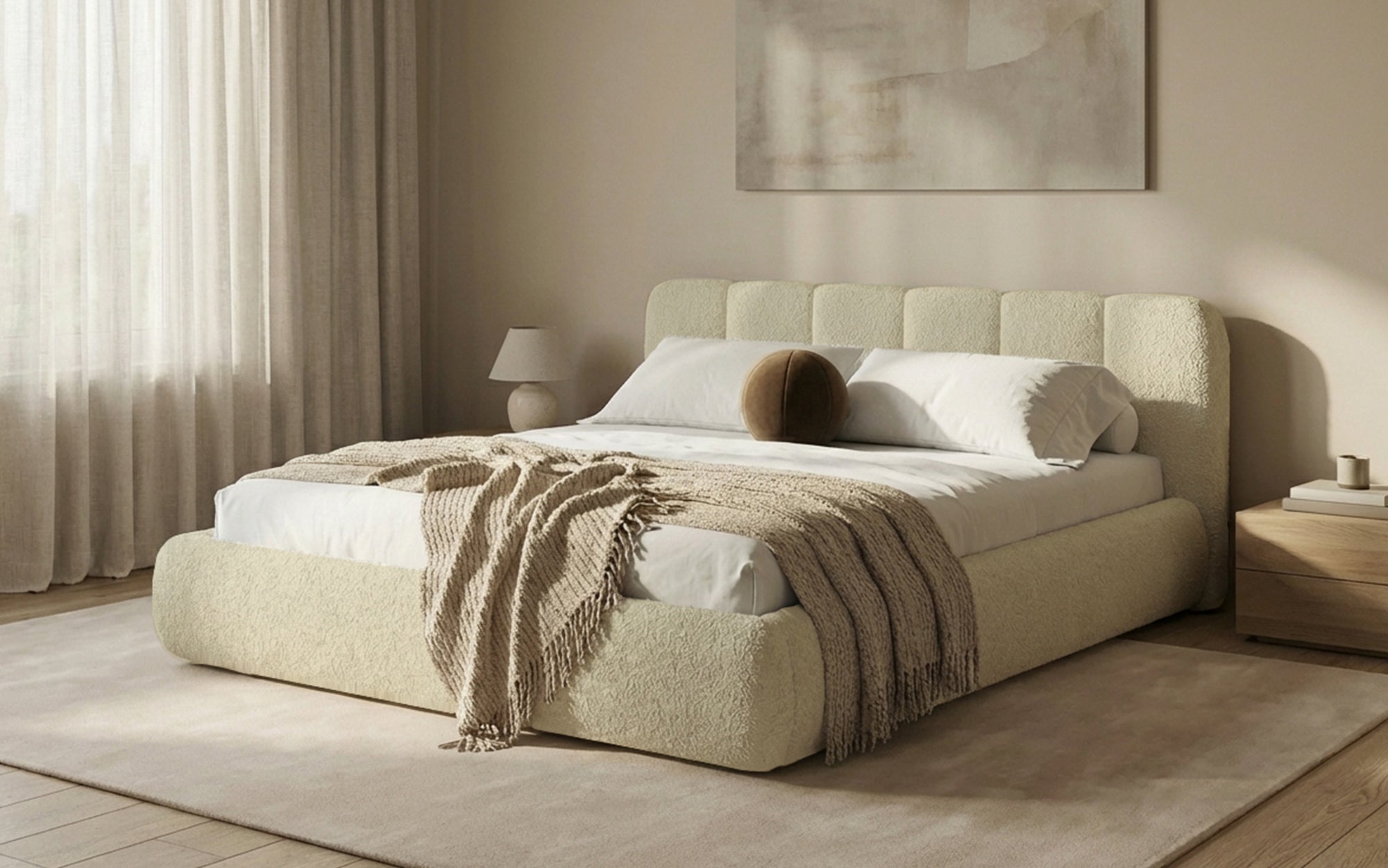 Designer Polsterbett Avelo in Bouclé mit Stauraum