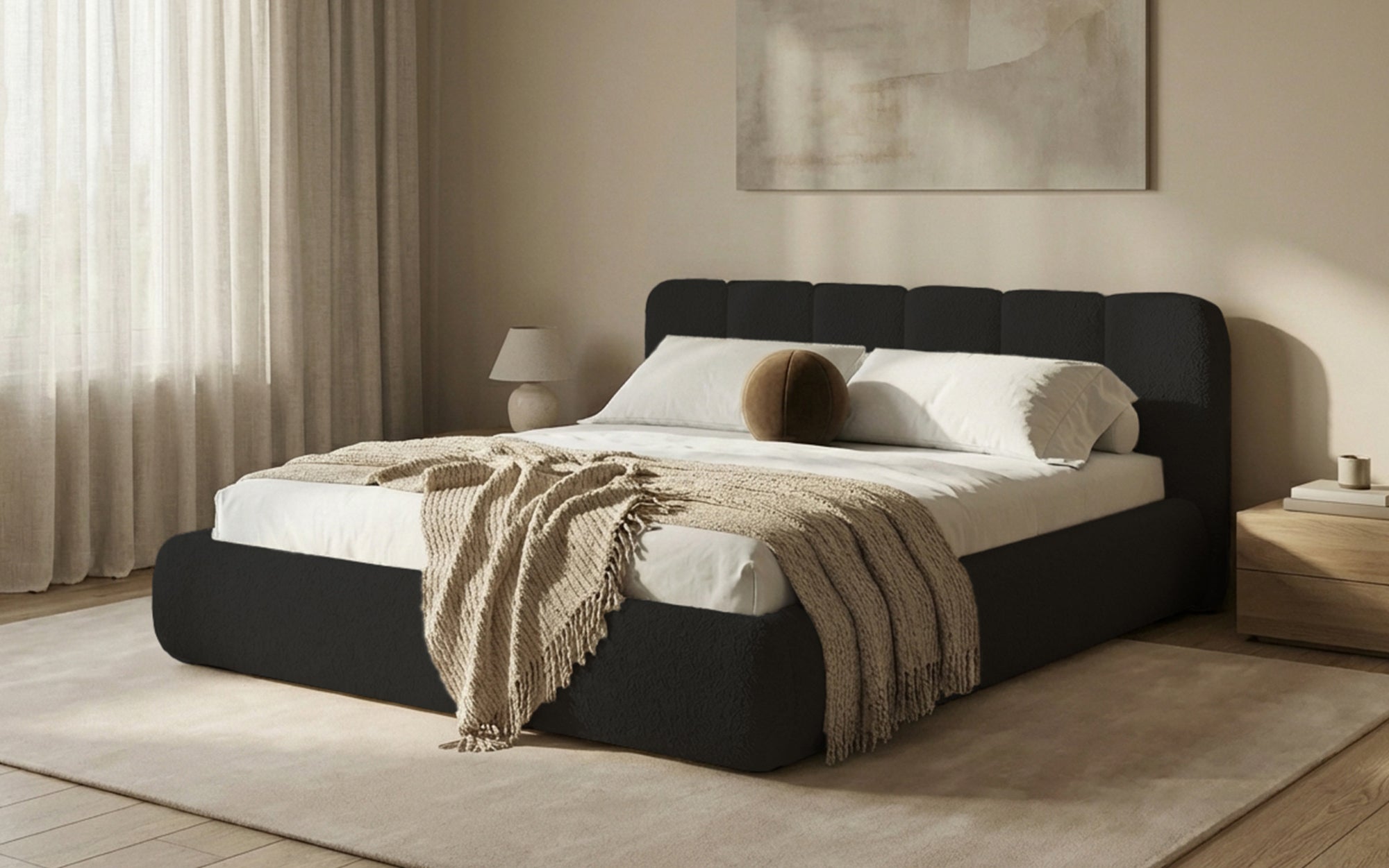 Designer Polsterbett Avelo in Bouclé mit Stauraum