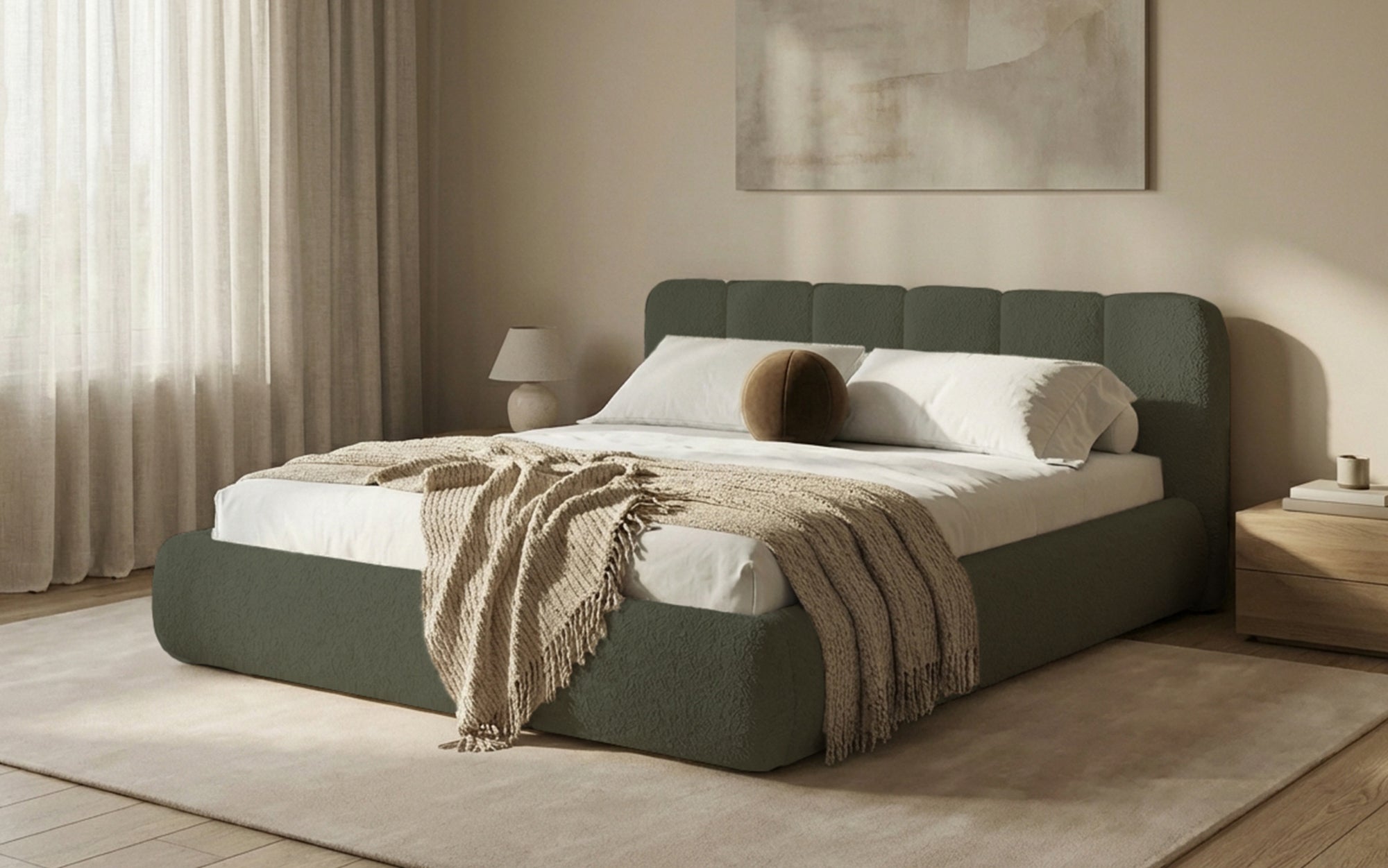 Designer Polsterbett Avelo in Bouclé mit Stauraum