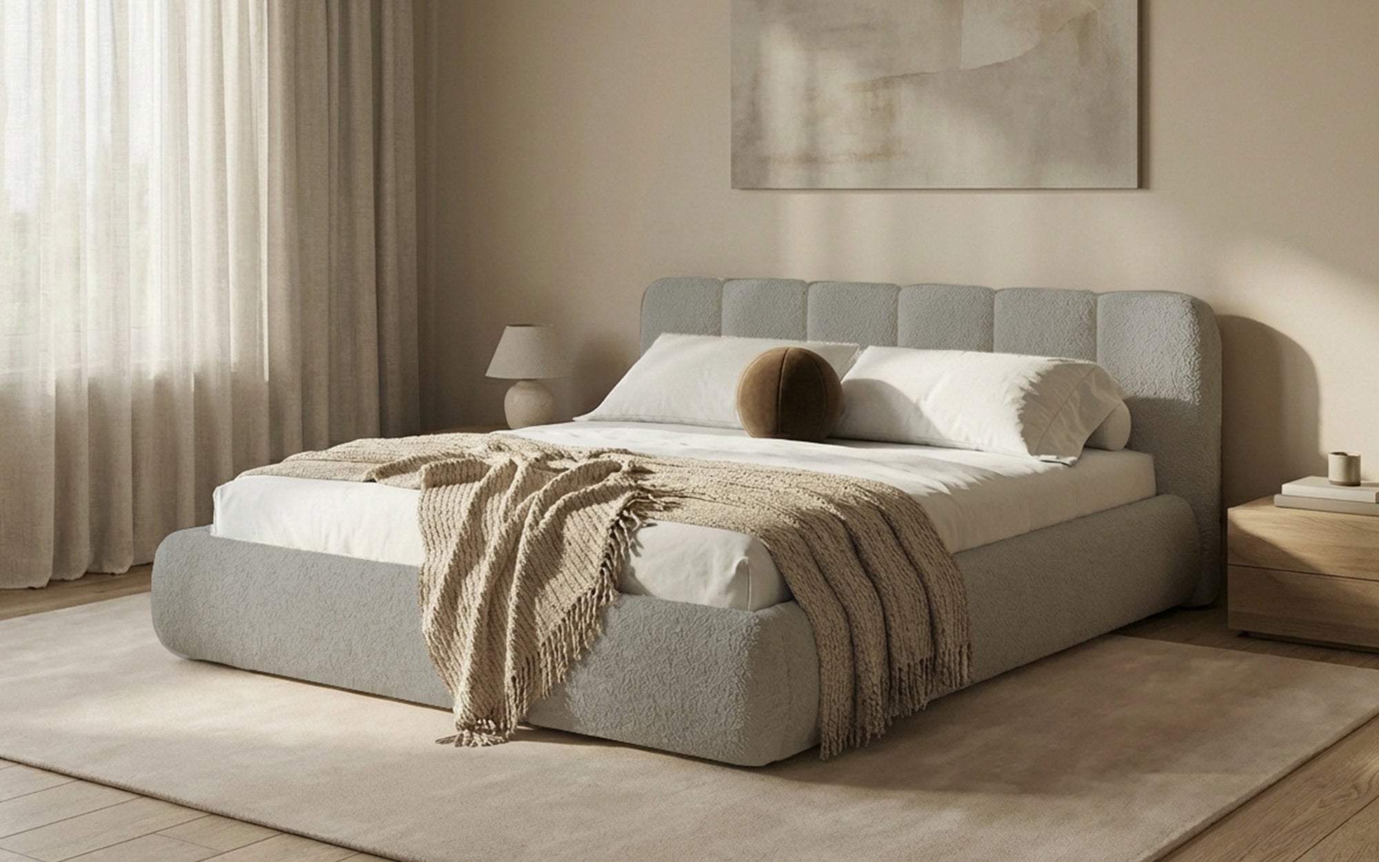 Designer Polsterbett Avelo in Bouclé mit Stauraum