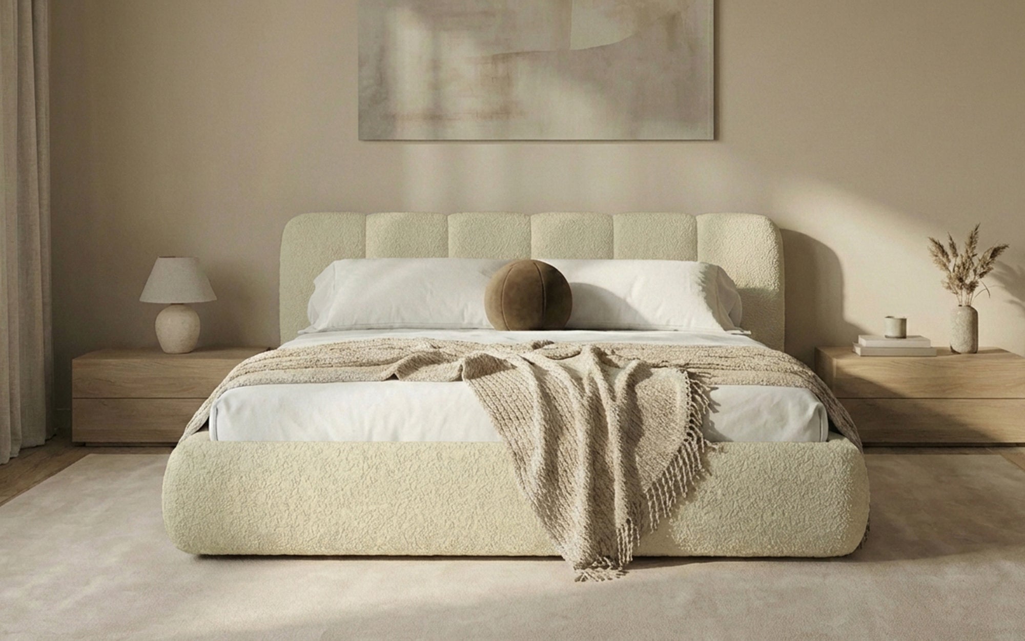 Designer Polsterbett Avelo in Bouclé mit Stauraum