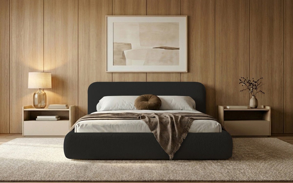 Designer Polsterbett Arosa in Bouclé mit Stauraum