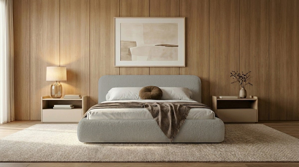 Designer Polsterbett Arosa in Bouclé mit Stauraum