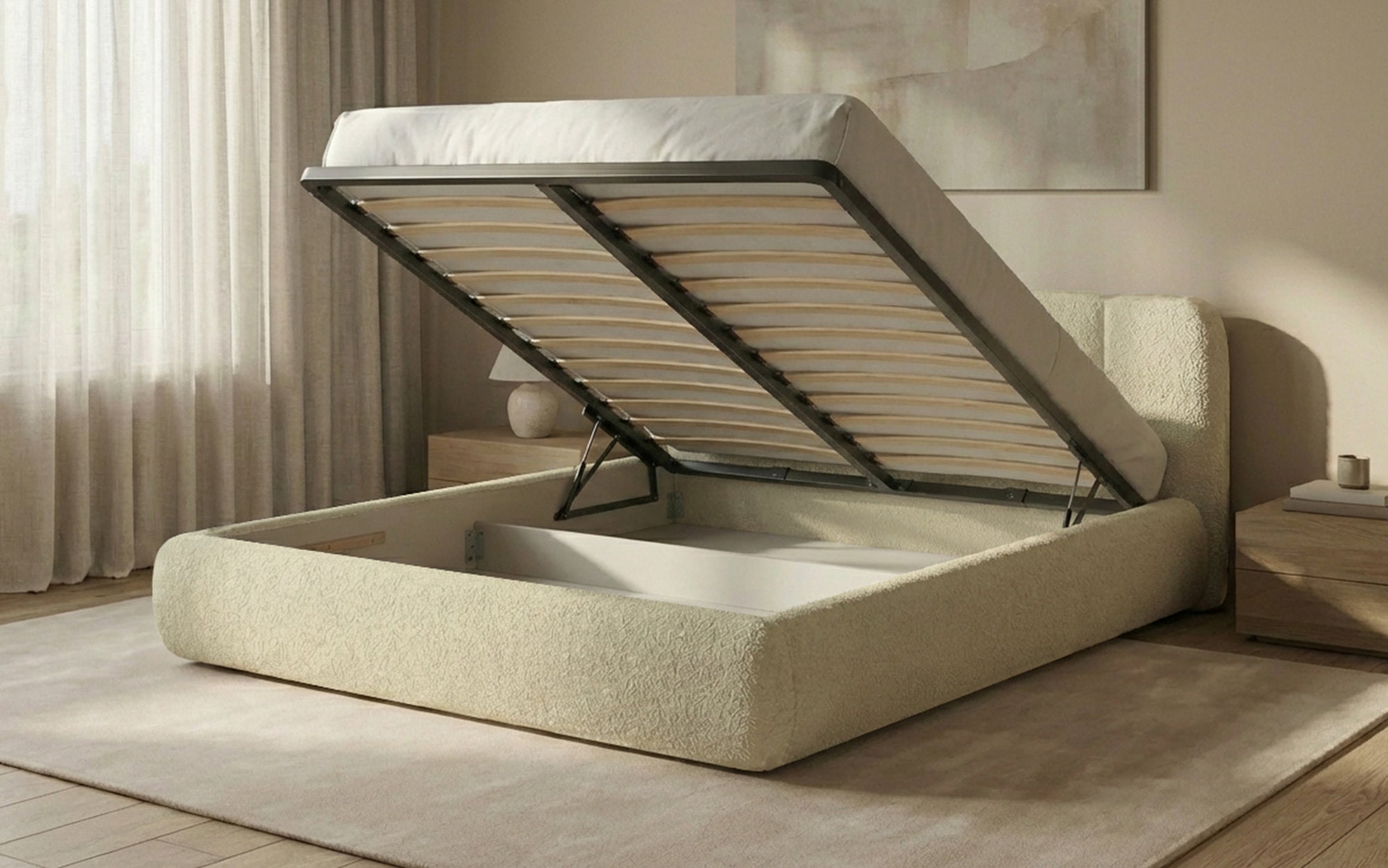 Designer Polsterbett Avelo in Bouclé mit Stauraum