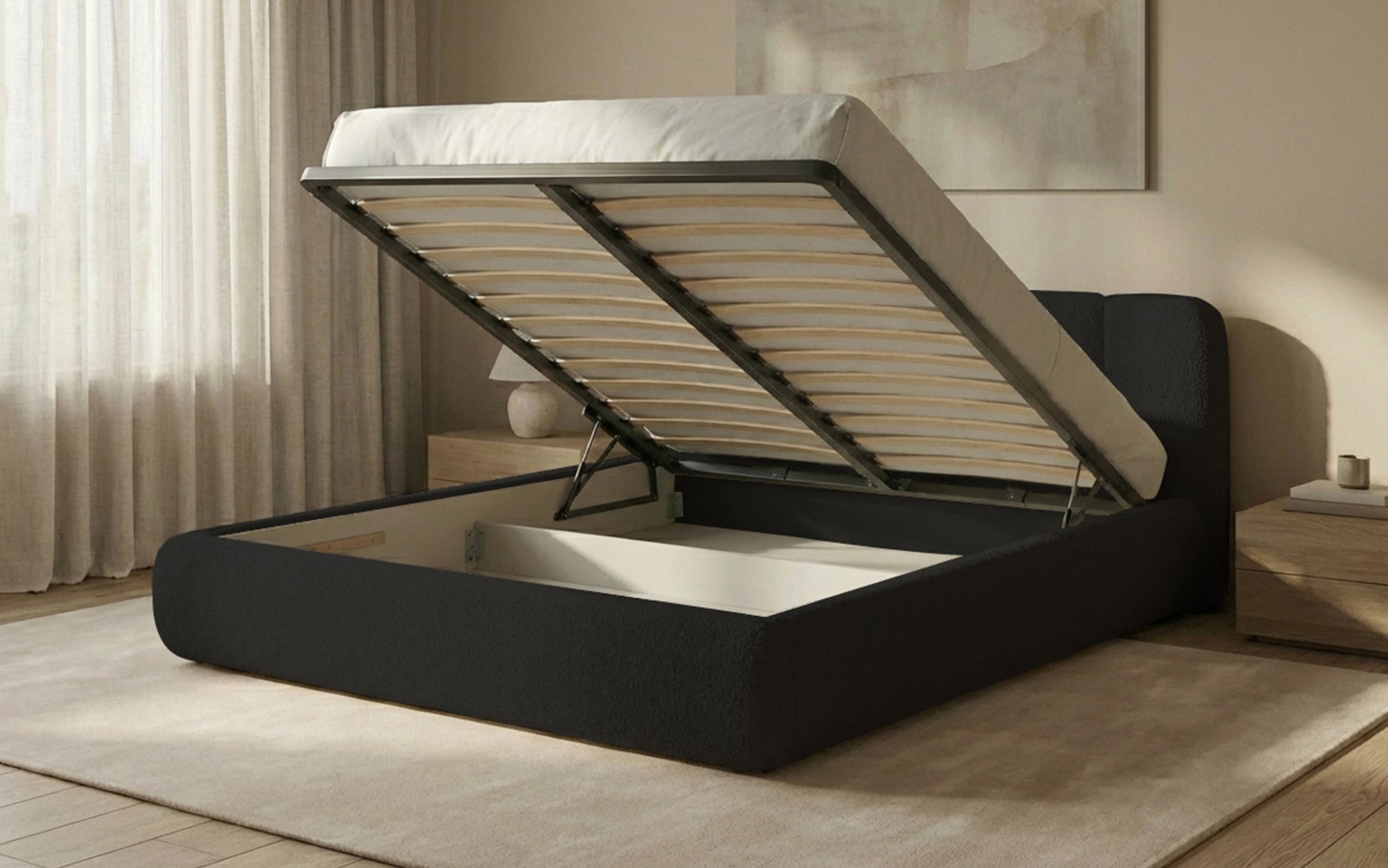 Designer Polsterbett Avelo in Bouclé mit Stauraum