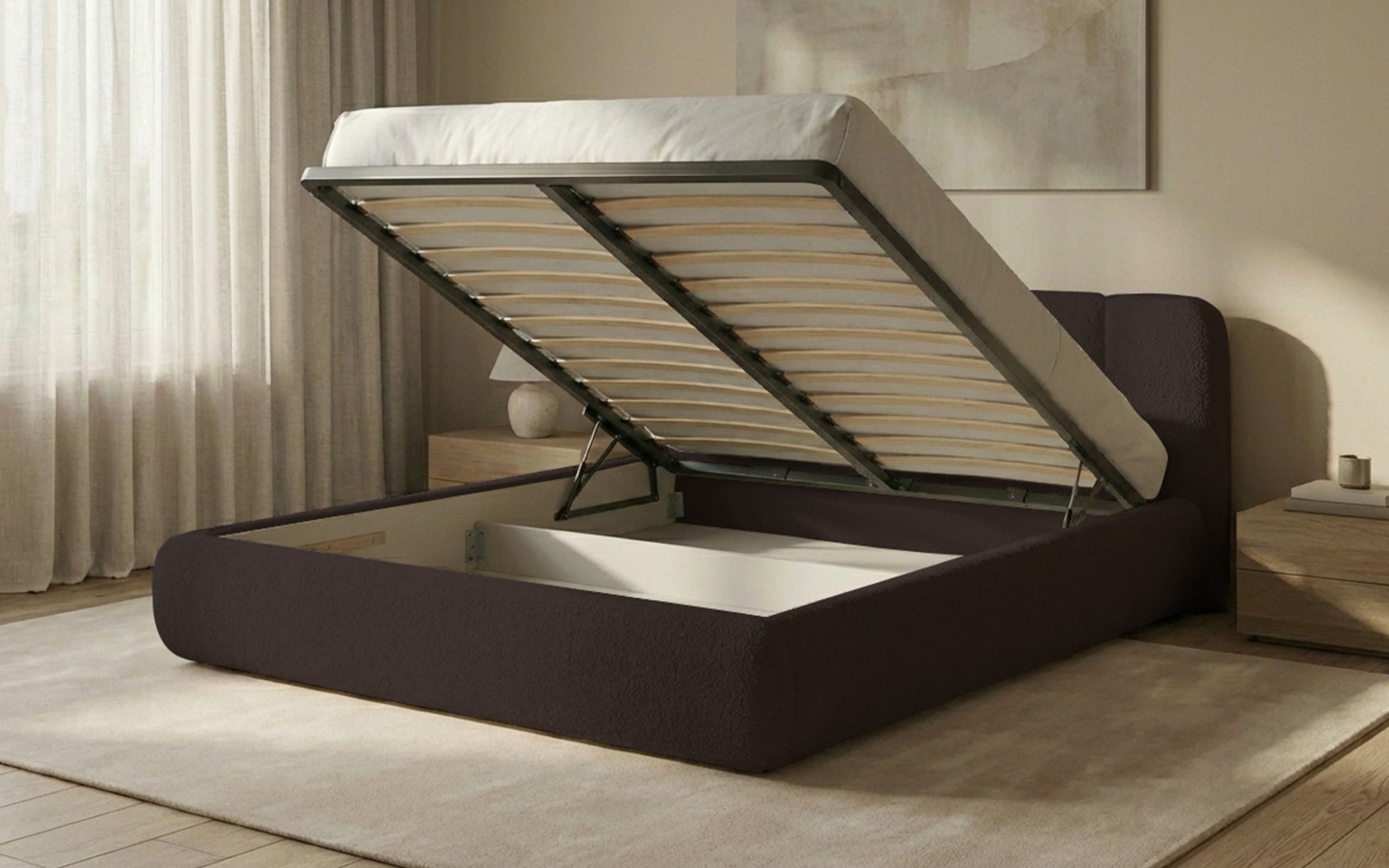 Designer Polsterbett Avelo in Bouclé mit Stauraum