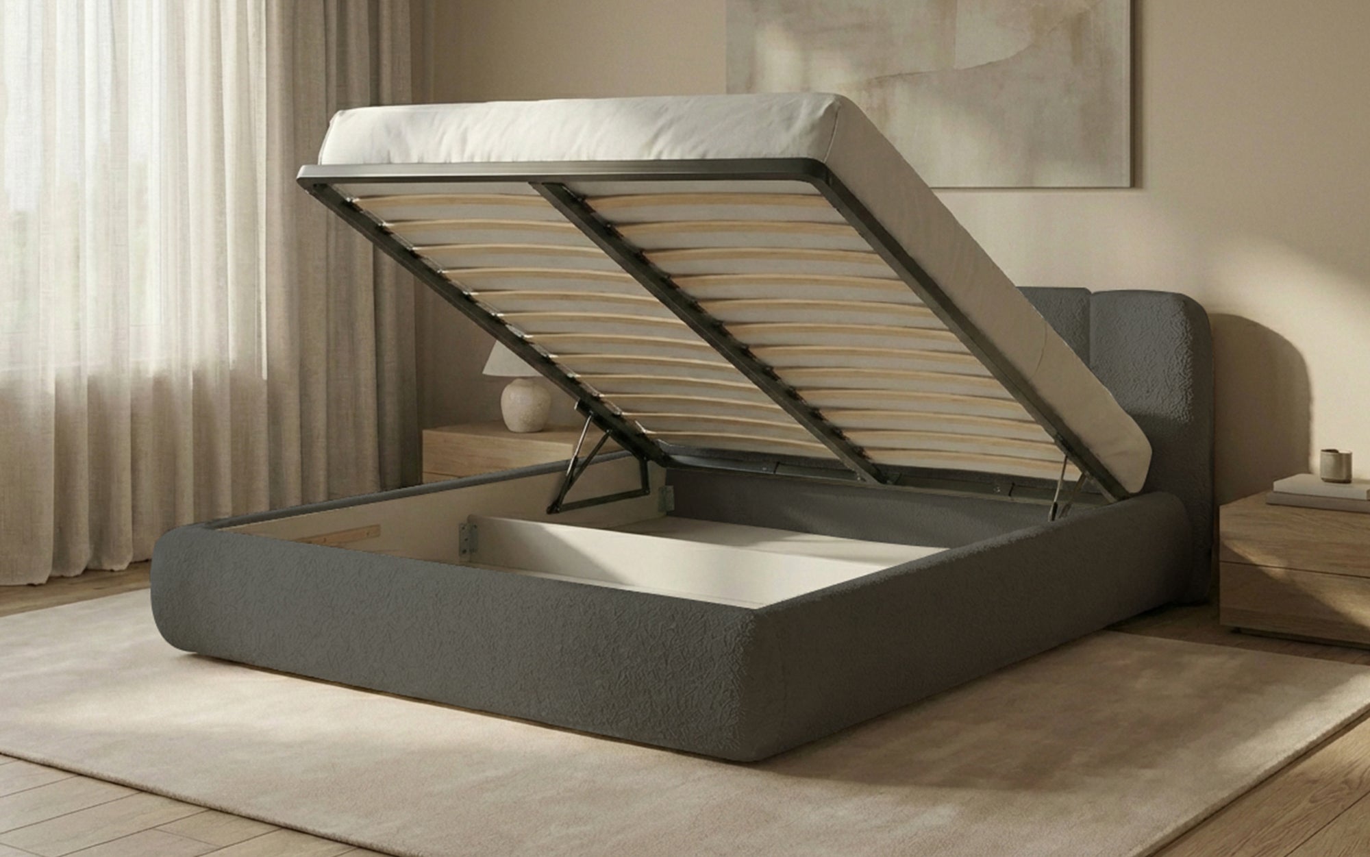 Designer Polsterbett Avelo in Bouclé mit Stauraum