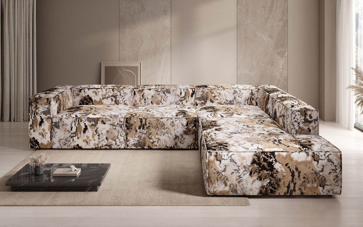 Designer Ecksofa Lesley mit langer Ottomane - Jacquard mit Aquarell-Muster