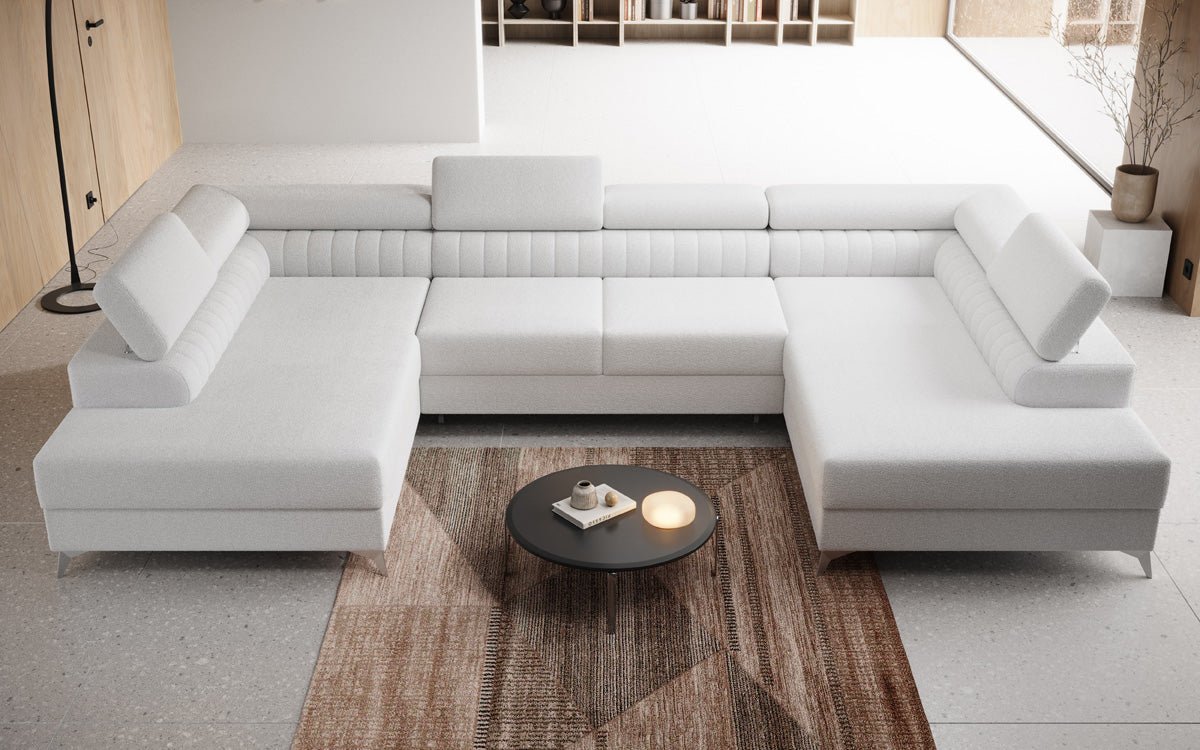 Designer Sofa Aurea U mit Schlaf- und Klappfunktion in Bouclé