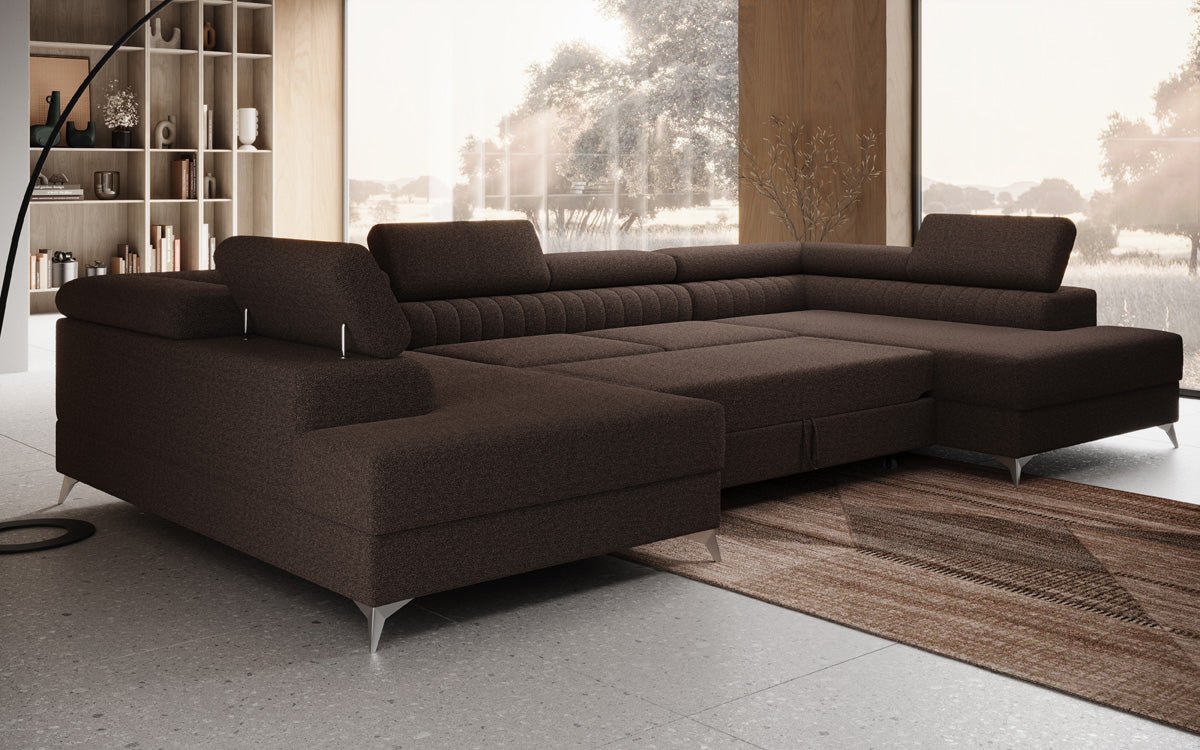 Designer Sofa Aurea U mit Schlaf- und Klappfunktion in Bouclé
