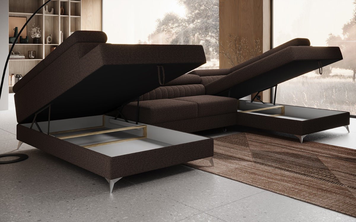 Designer Sofa Aurea U mit Schlaf- und Klappfunktion in Bouclé