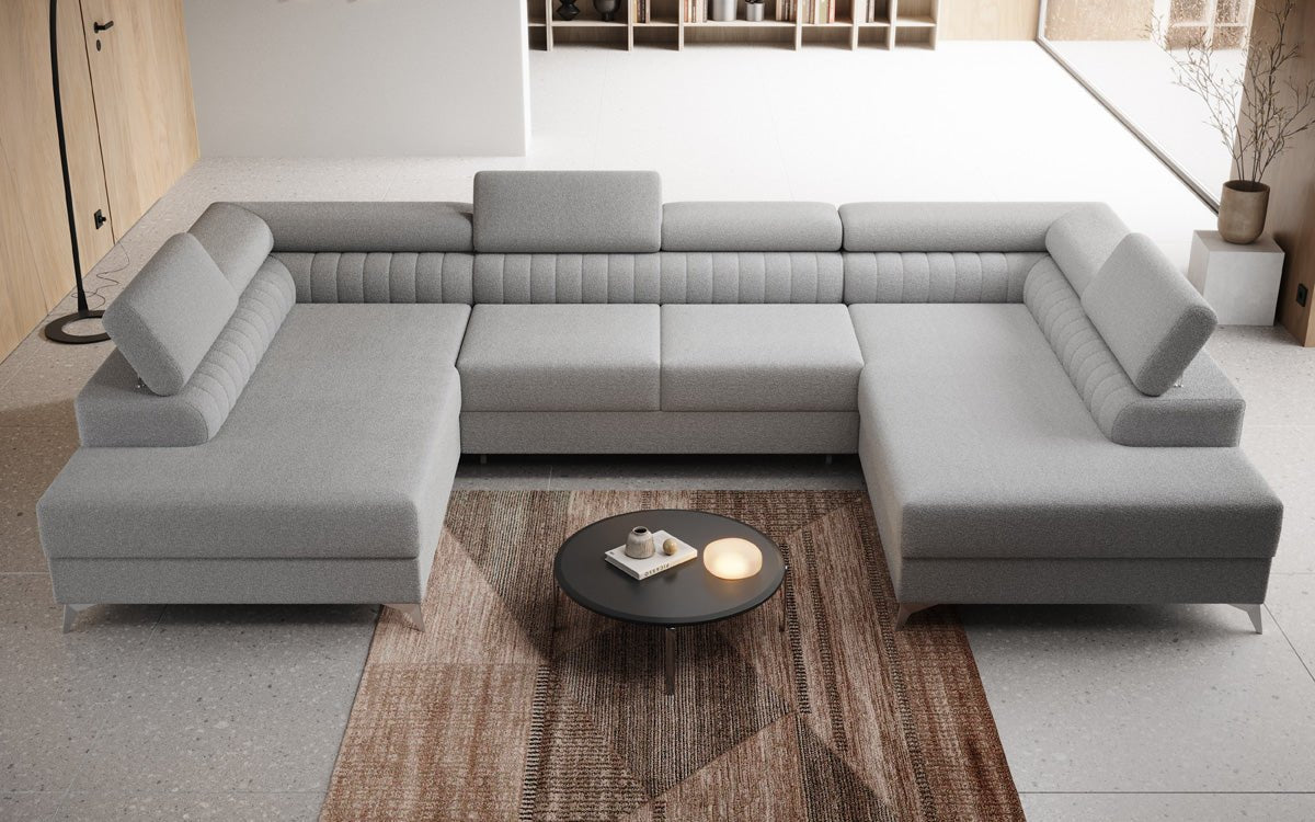 Designer Sofa Aurea U mit Schlaf- und Klappfunktion in Bouclé