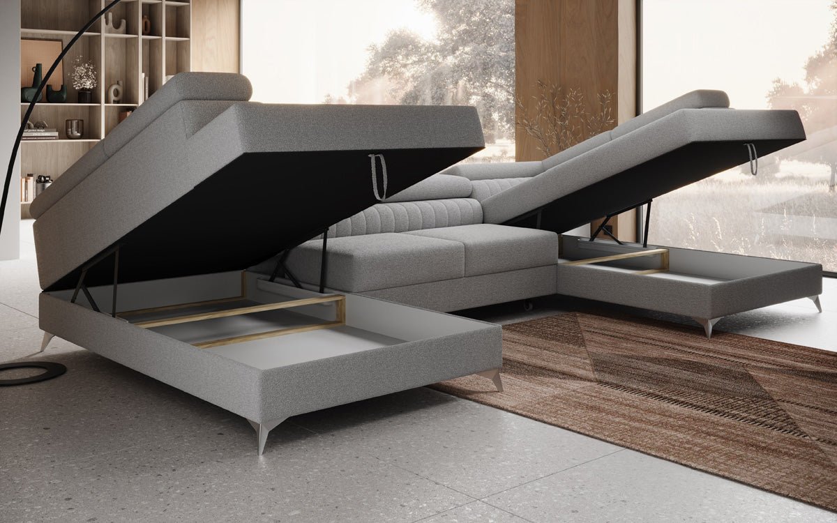 Designer Sofa Aurea U mit Schlaf- und Klappfunktion in Bouclé