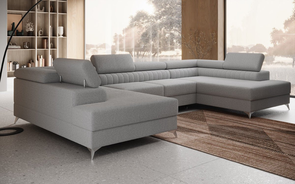 Designer Sofa Aurea U mit Schlaf- und Klappfunktion in Bouclé