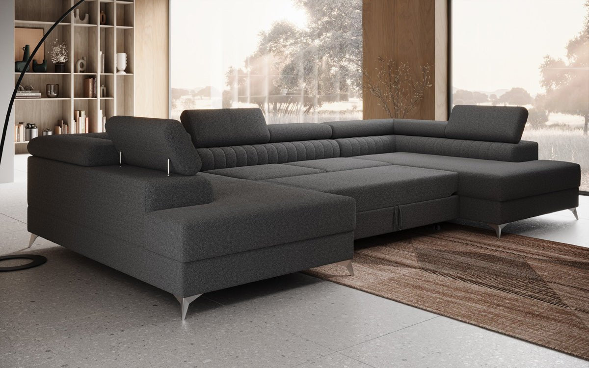 Designer Sofa Aurea U mit Schlaf- und Klappfunktion in Bouclé