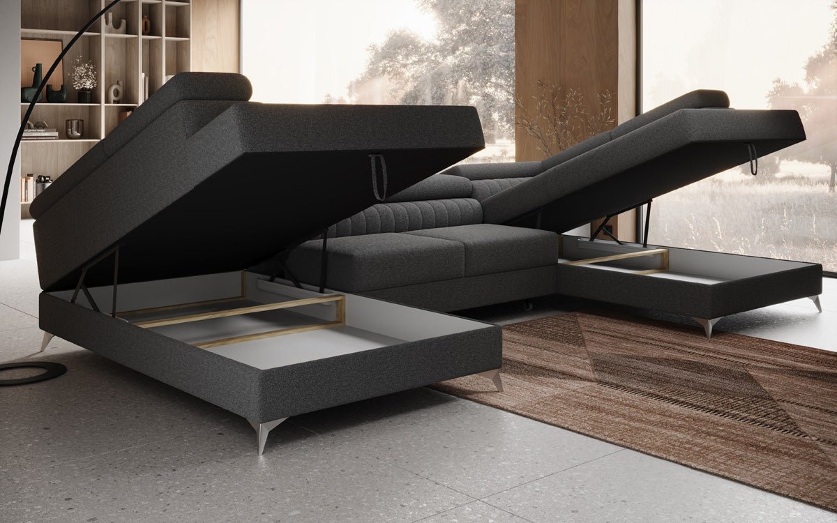 Designer Sofa Aurea U mit Schlaf- und Klappfunktion in Bouclé