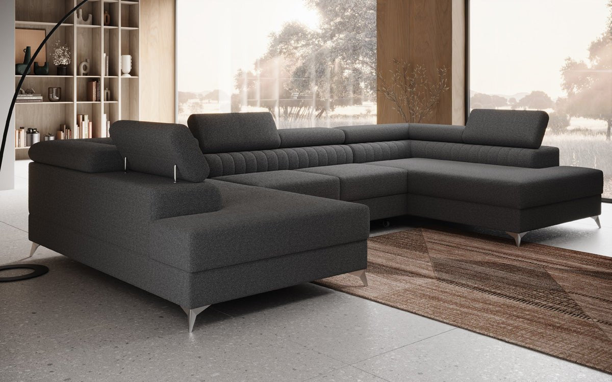 Designer Sofa Aurea U mit Schlaf- und Klappfunktion in Bouclé