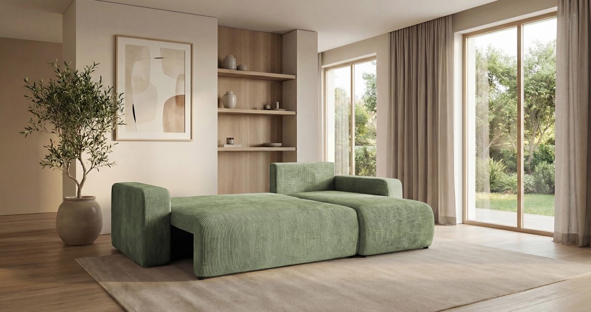 Designer Sofa Calva mit Schlaf- und Klappfunktion in Cord