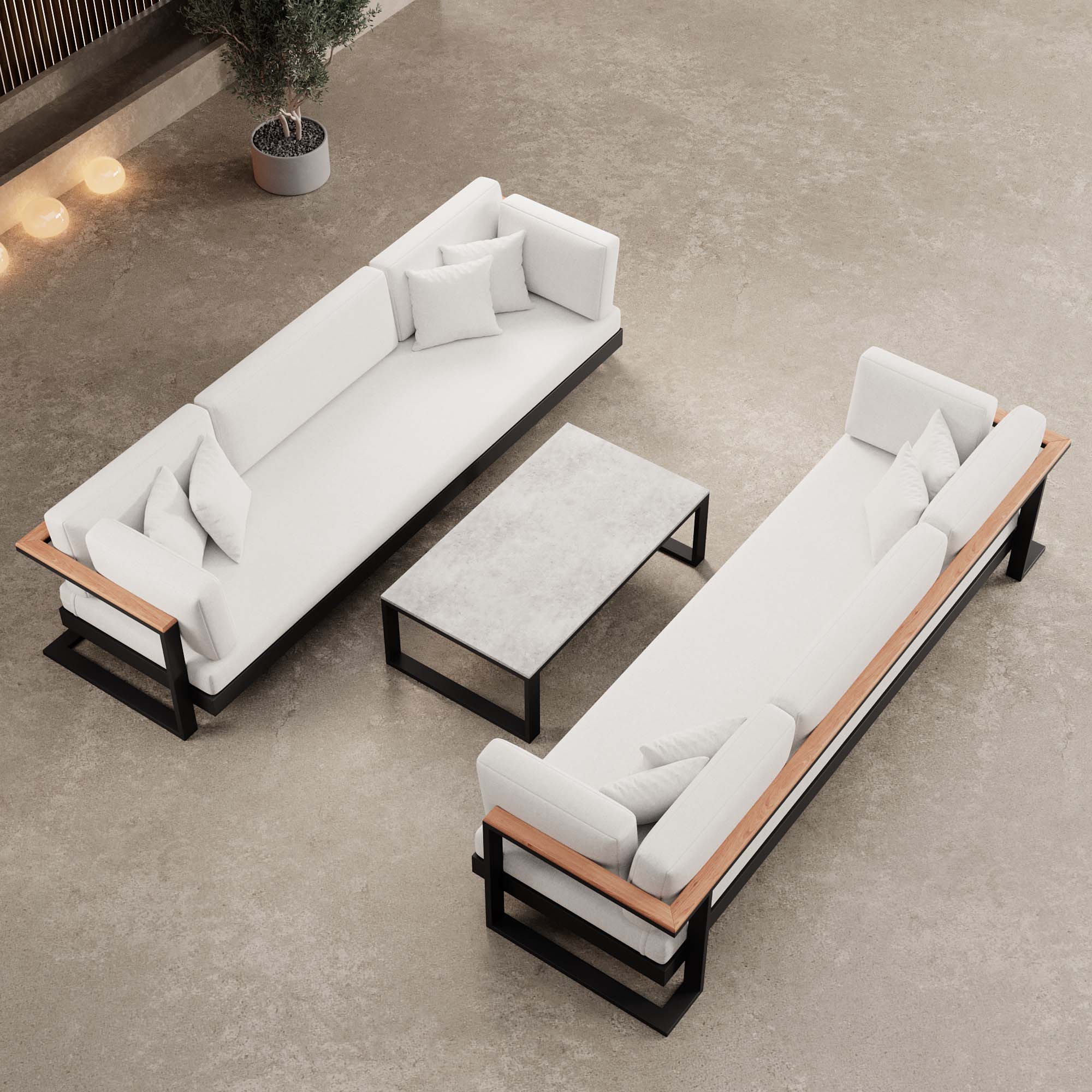 Vayla – 2 Dreisitzer & Tisch aus schwarzem Aluminium | Aevora™ Kollektion