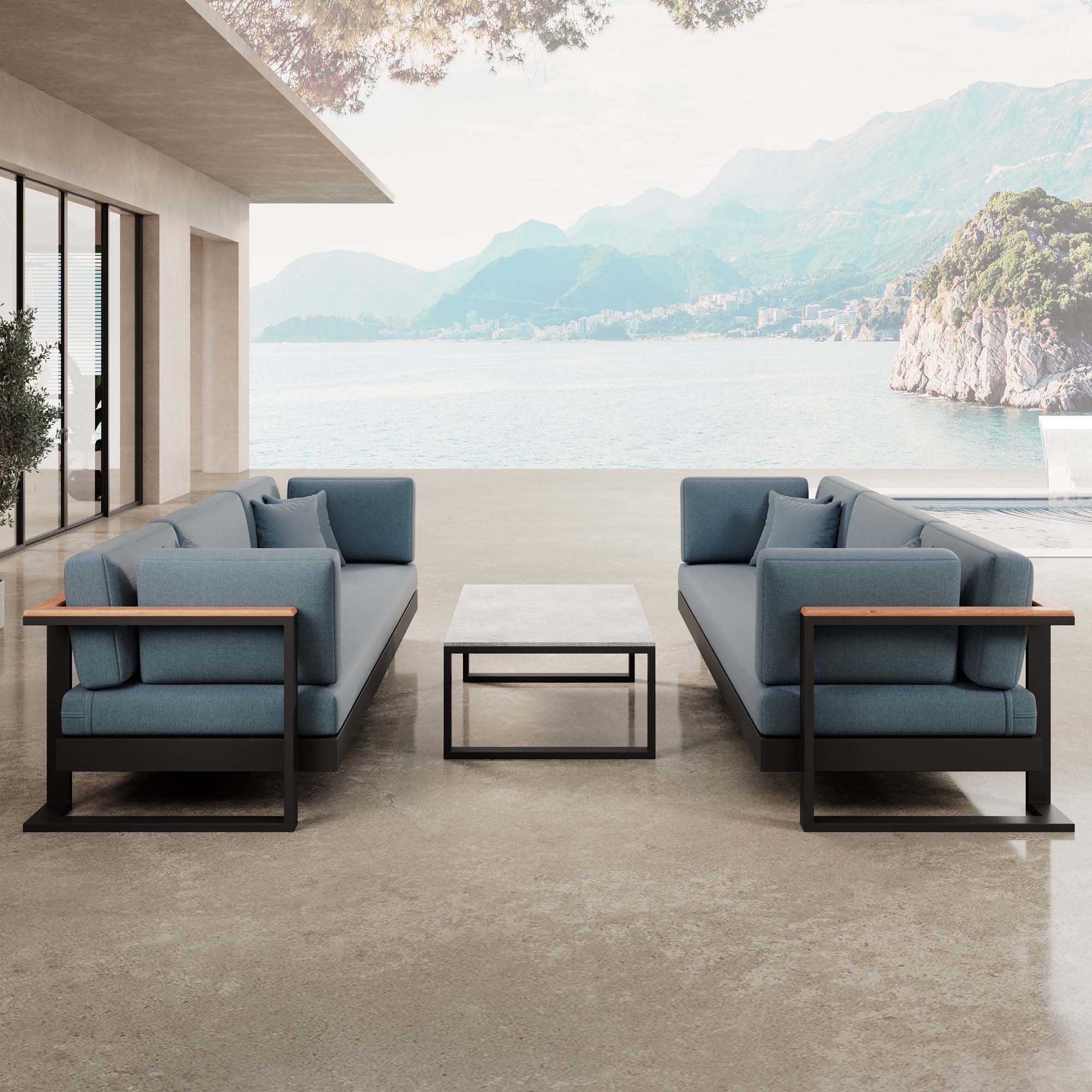 Vayla – 2 Dreisitzer & Tisch aus schwarzem Aluminium | Aevora™ Kollektion