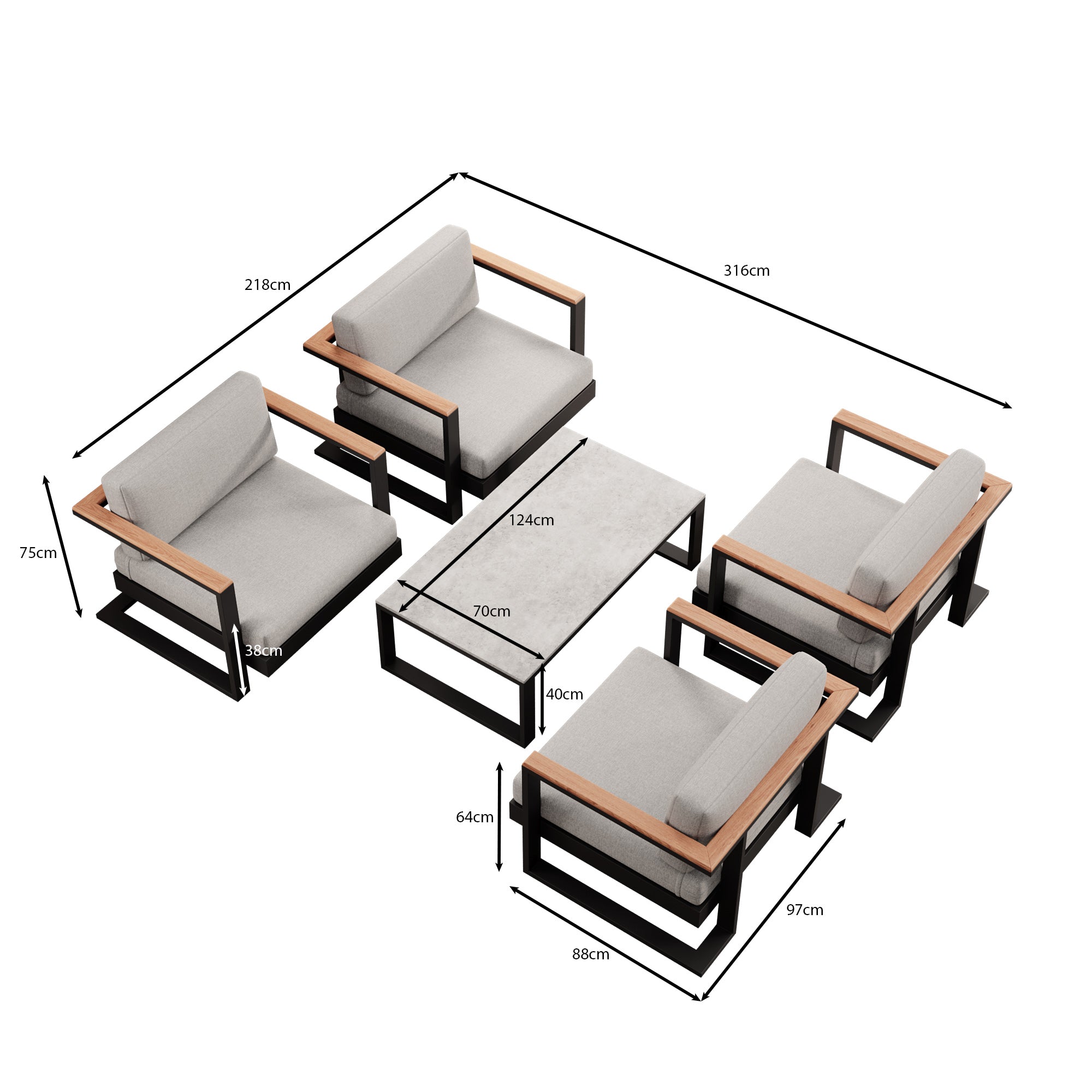 Vayla – 4 Loungesessel & Tisch aus schwarzem Aluminium | Aevora™ Kollektion