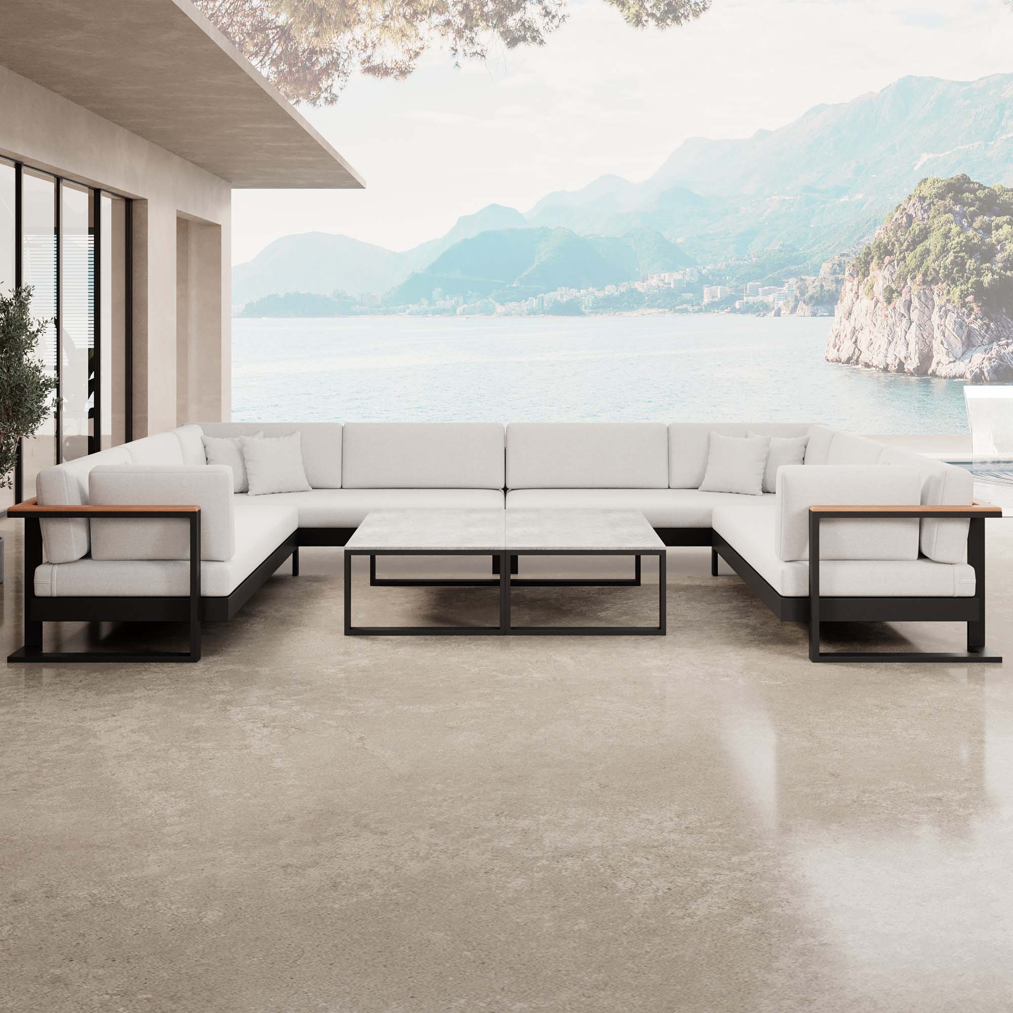 Vayla – Wohnlandschaft in U-Form mit Tisch aus schwarzem Aluminium | Aevora™ Kollektion