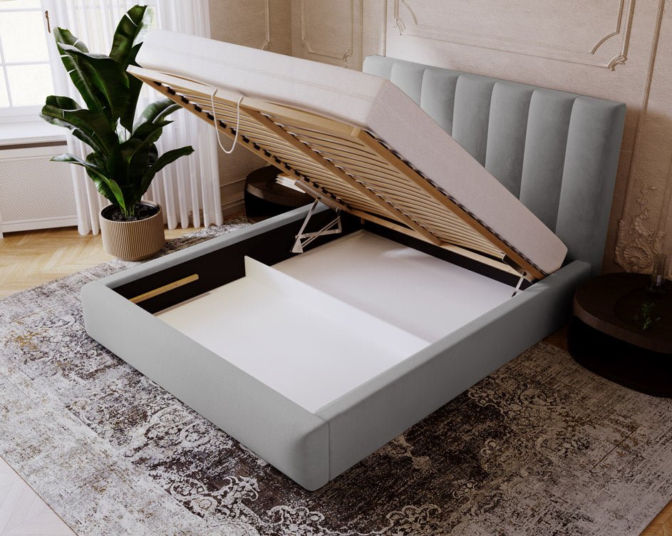 Designer Polsterbett Lunera in Samt mit Stauraum