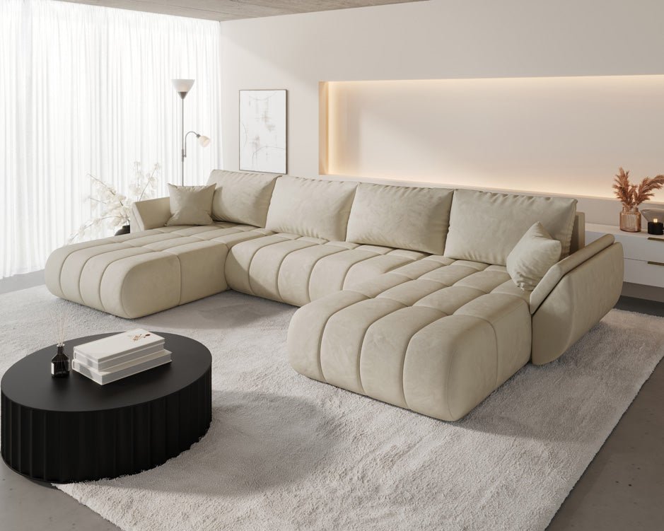 Designer Sofa Lenoa U mit Schlaf- und Klappfunktion in Samt