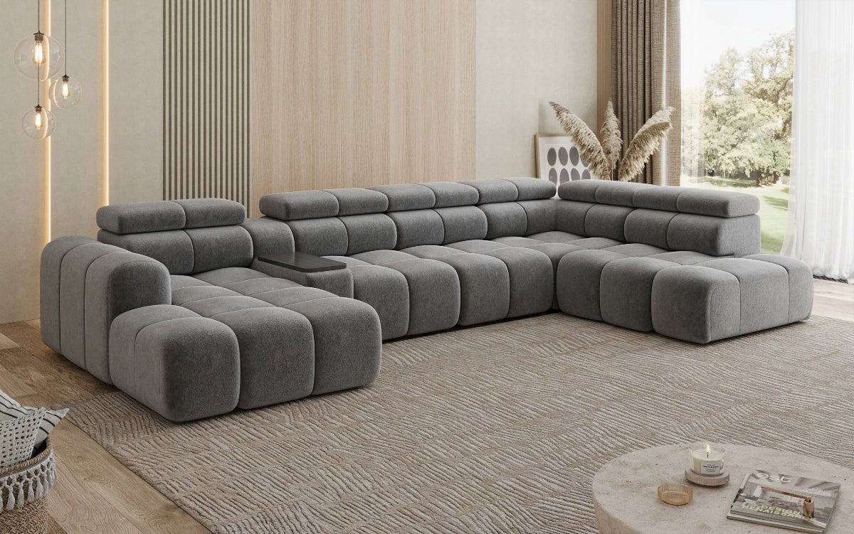 Designer Sofa Wohnlandschaft Mia mit elektrischer Sitzerweiterung in Chenille