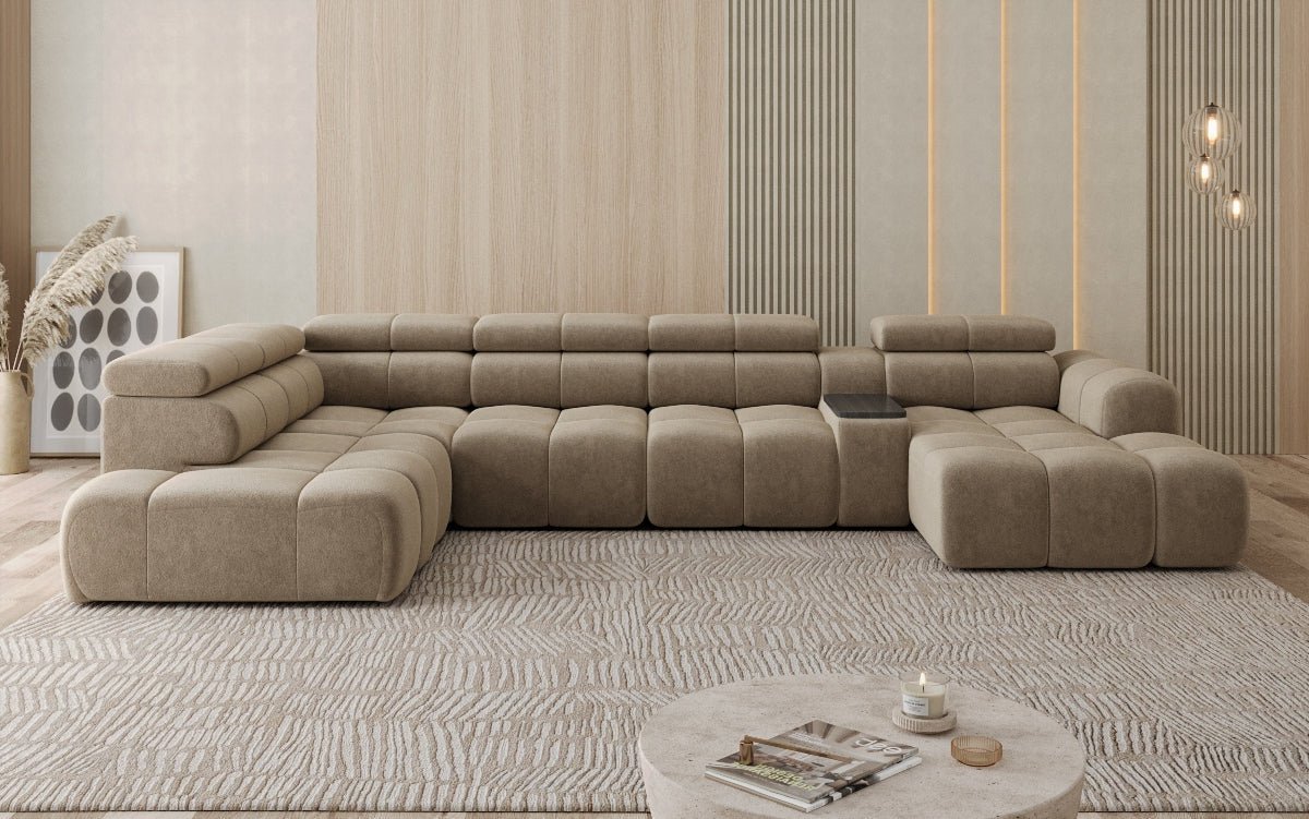 Designer Sofa Wohnlandschaft Mia mit elektrischer Sitzerweiterung in Chenille