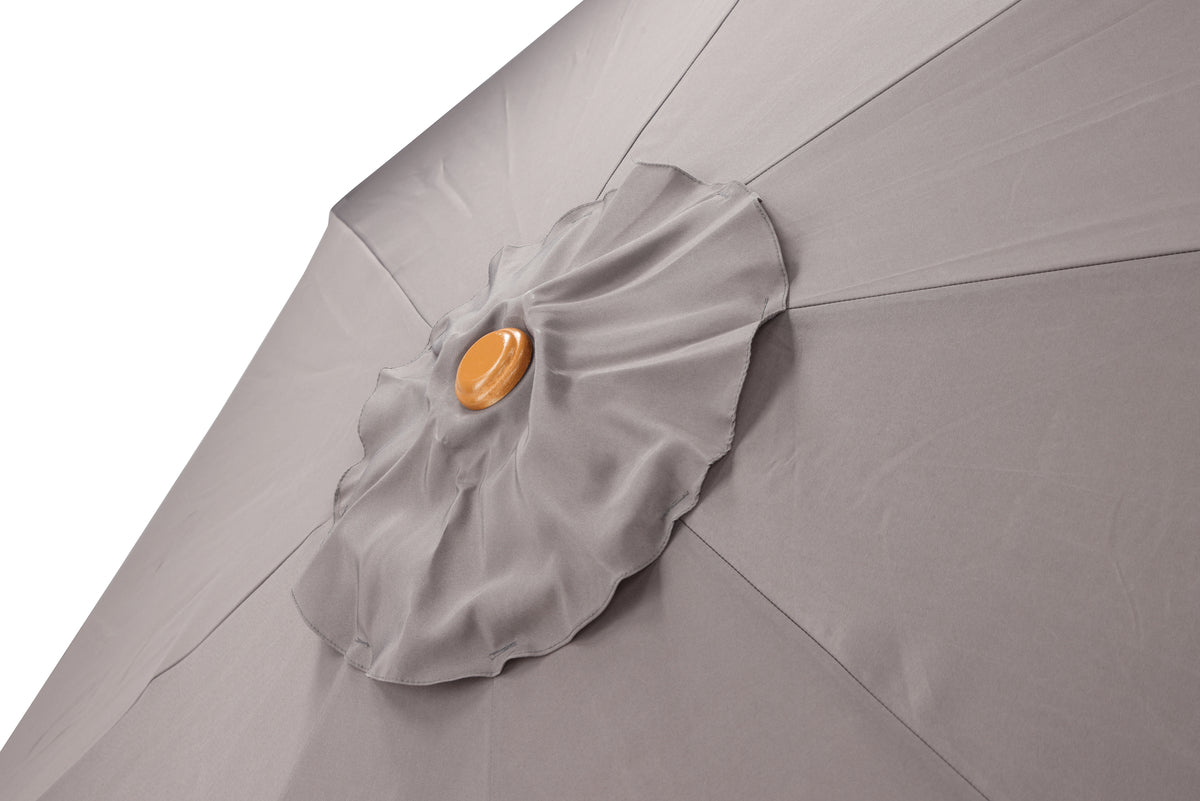 Slnečník Frida – Ø300 cm v sivej farbe s dreveným rámom z bukového dreva