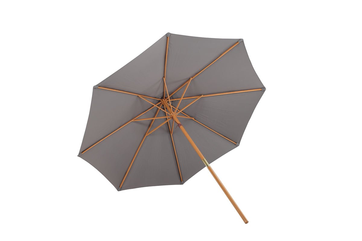 Slnečník Frida – Ø300 cm v sivej farbe s dreveným rámom z bukového dreva