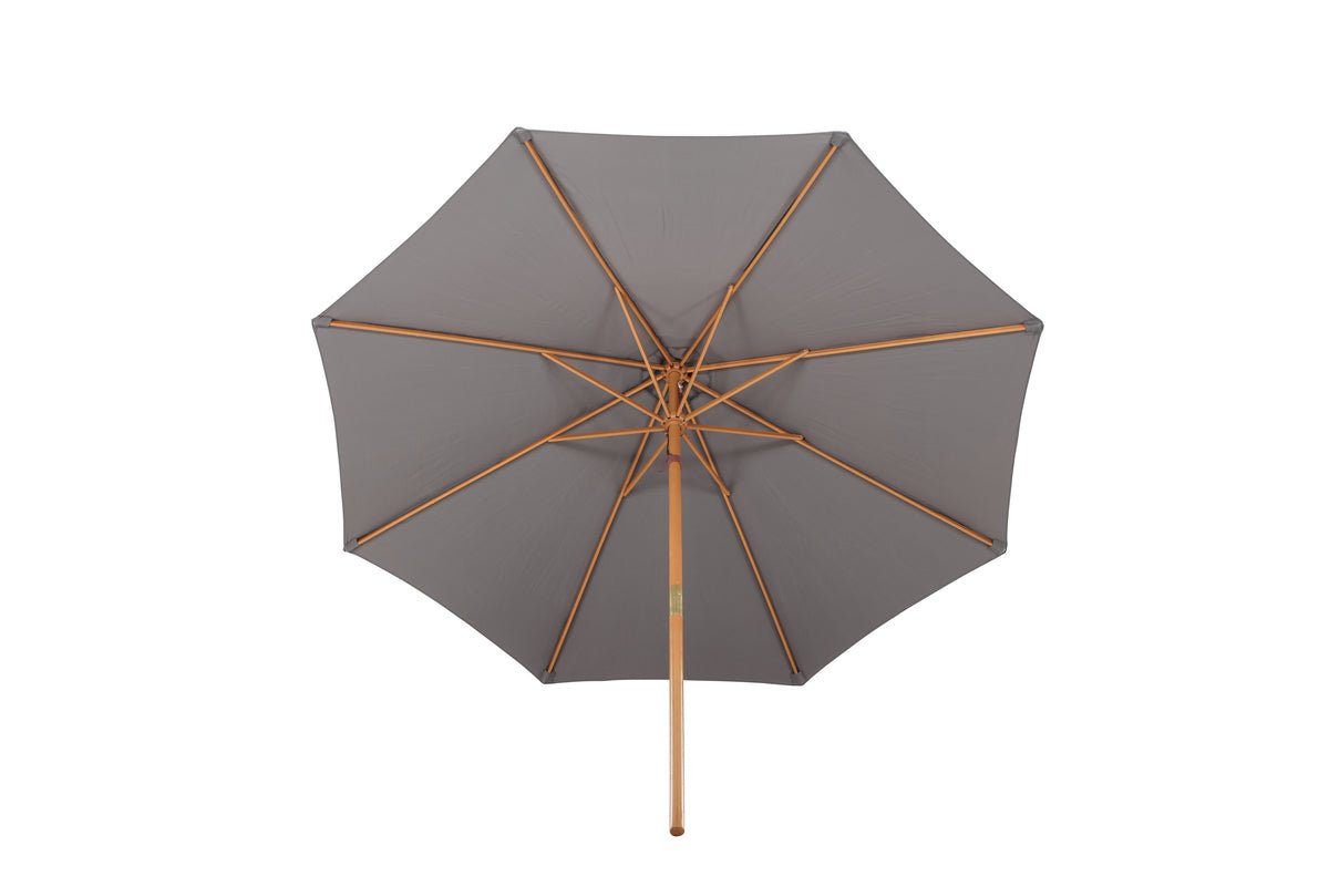 Slnečník Frida – Ø300 cm v sivej farbe s dreveným rámom z bukového dreva