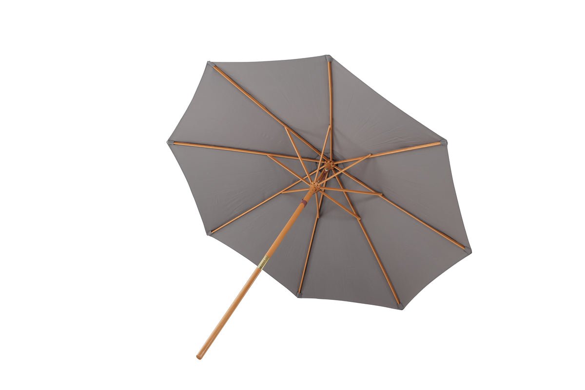 Slnečník Frida – Ø300 cm v sivej farbe s dreveným rámom z bukového dreva