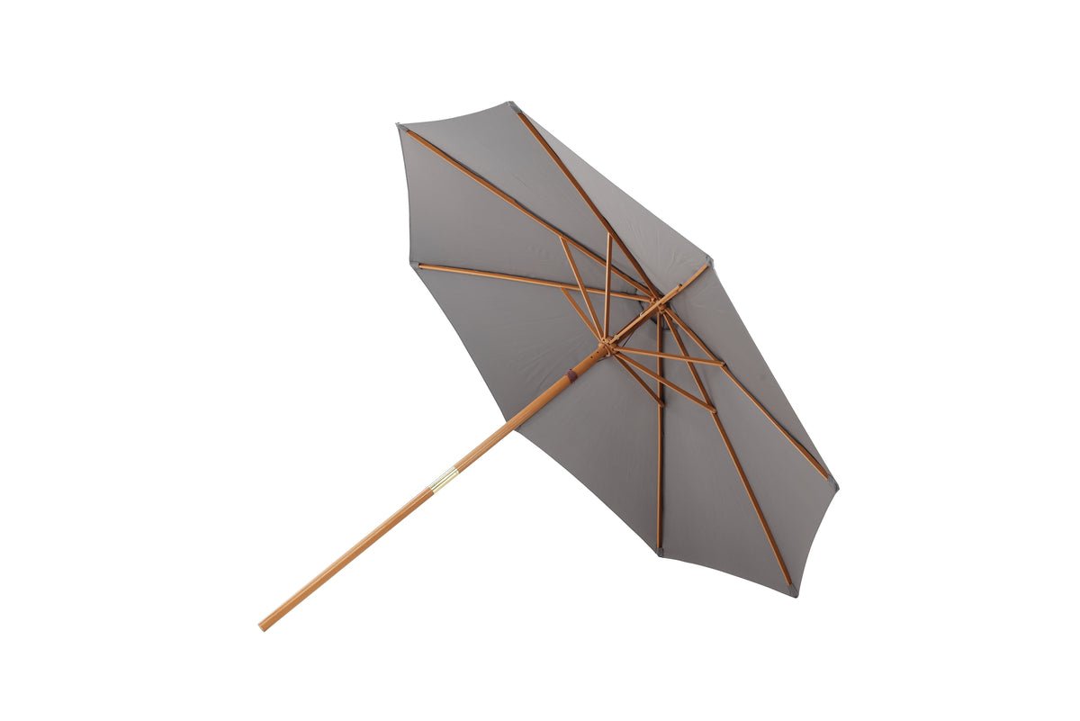 Slnečník Frida – Ø300 cm v sivej farbe s dreveným rámom z bukového dreva