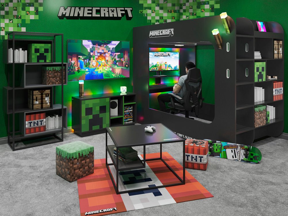 Herná poschodová posteľ Minecraft „BaseCamp XL“ s písacím stolom a policou