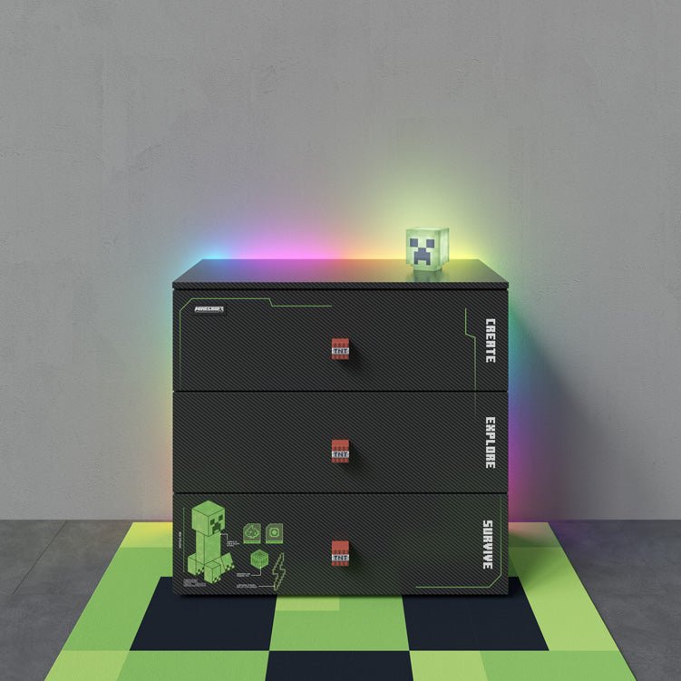Minecraft komoda „Creeper Chest“ – s LED, tichým zatváraním a 3 zásuvkami