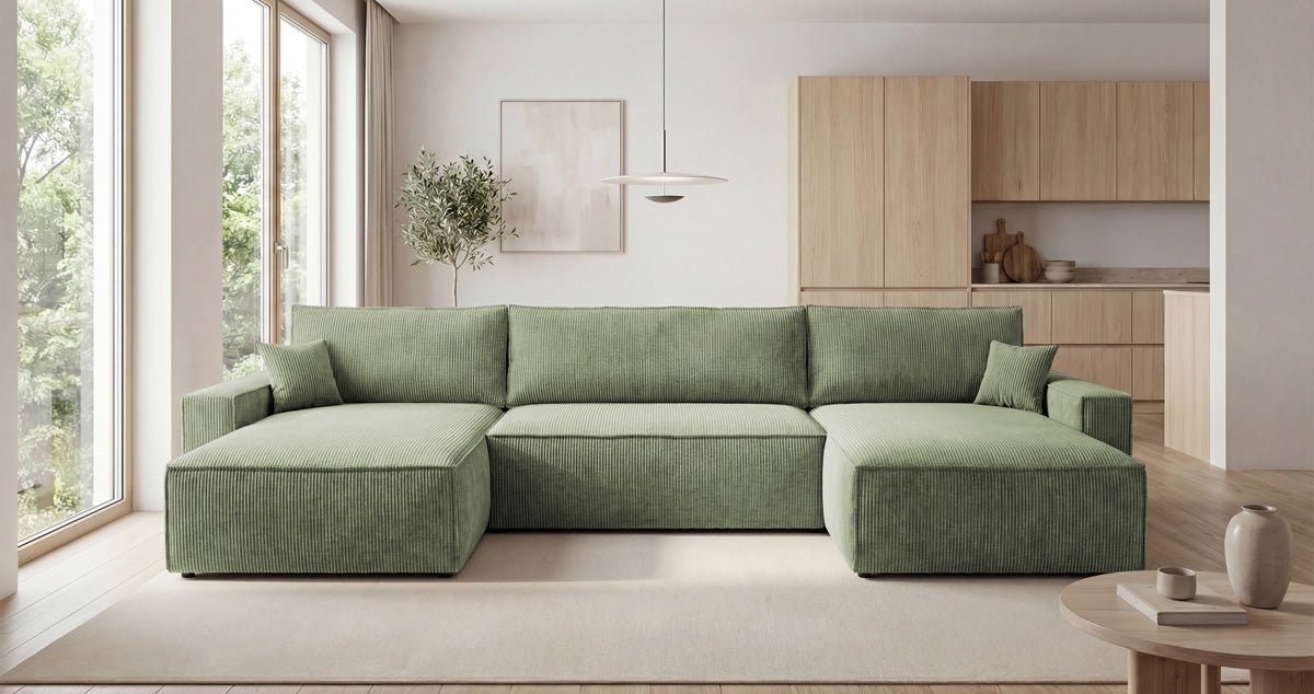 Designer Sofa Vienna U mit Schlaffunktion und Stauraum in Cord